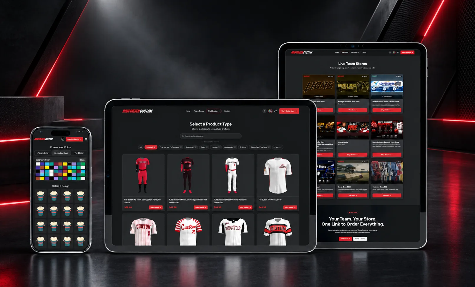 100PercentCustom: Product selection, team stores and mobile designer