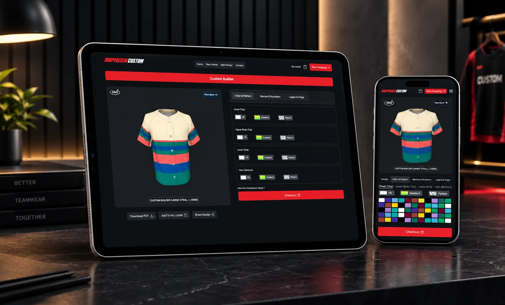 100PercentCustom: 3D jersey builder on tablet and mobile