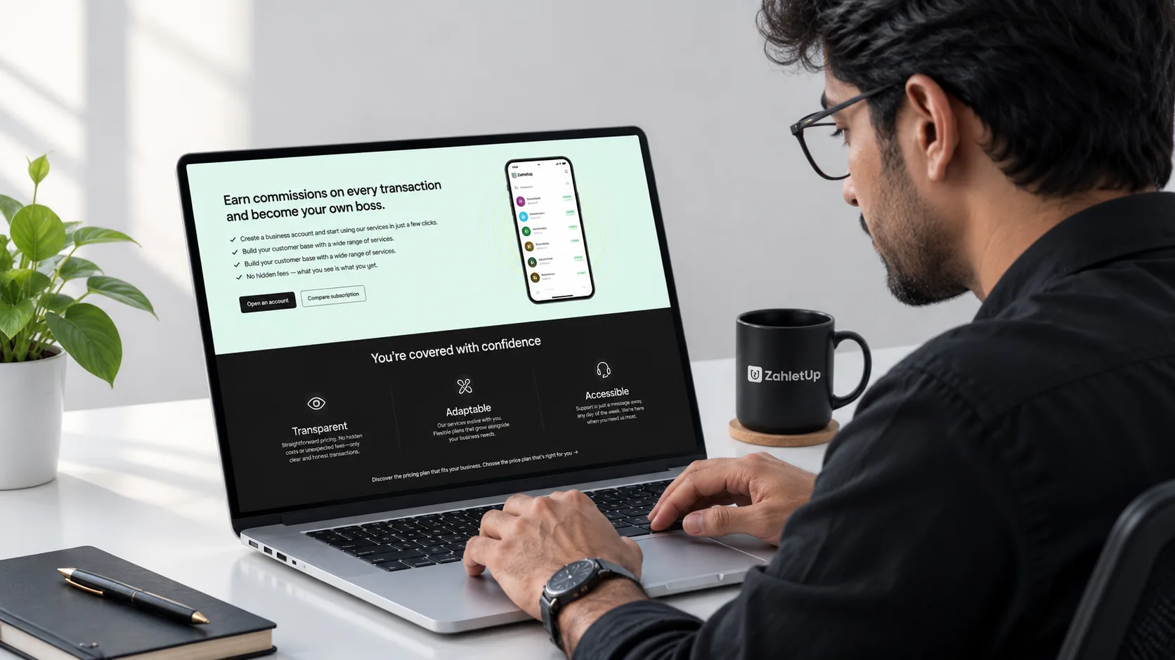 ZahletUp: Commission and pricing sections on a laptop