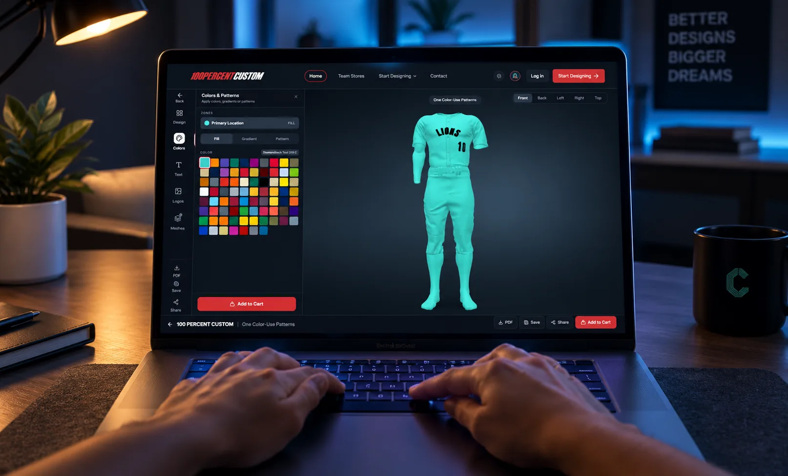 100PercentCustom: 3D jersey builder with colors and patterns panel